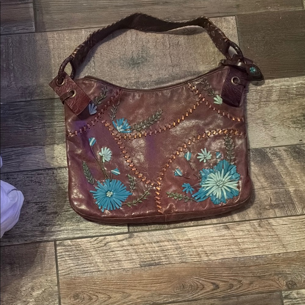 Embroidered Floral Brown Leather Shoulder Bag